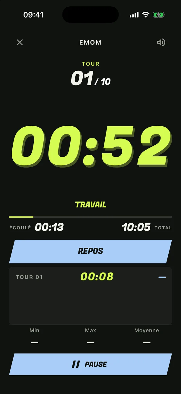 EMOM workout screen: round 1 of 10, 57 seconds left in large lime digits
