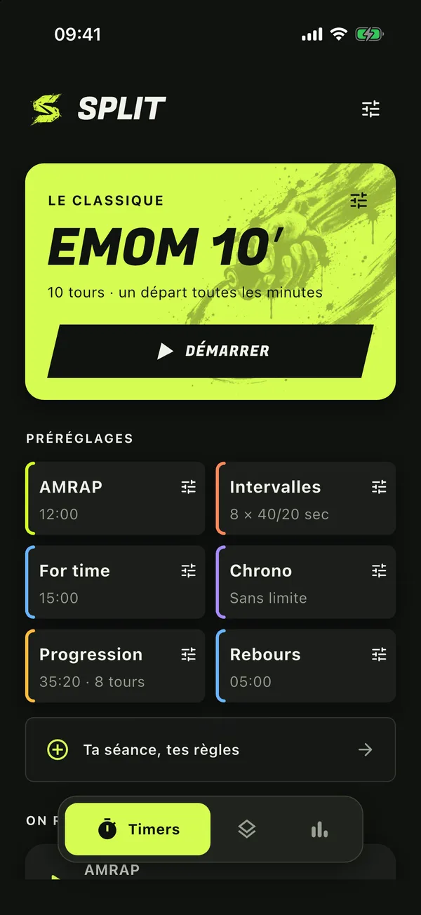 SPLIT home screen: the featured EMOM 10 card and the AMRAP, Intervals, For time, Stopwatch, Progression and Countdown presets